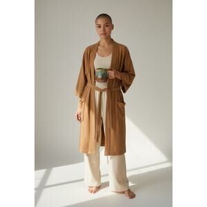 Vintage Enro Idle Hour Terry Golden Tan Kimono Robe Lounge wear belted One Size